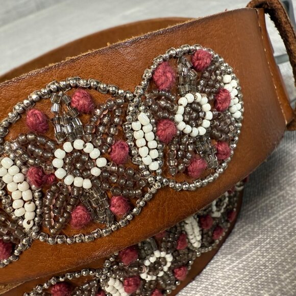 Lucky Brand Brown Leather Beaded Belt Silver-Tone Buckle & Floral Design Size S - Picture 4 of 16